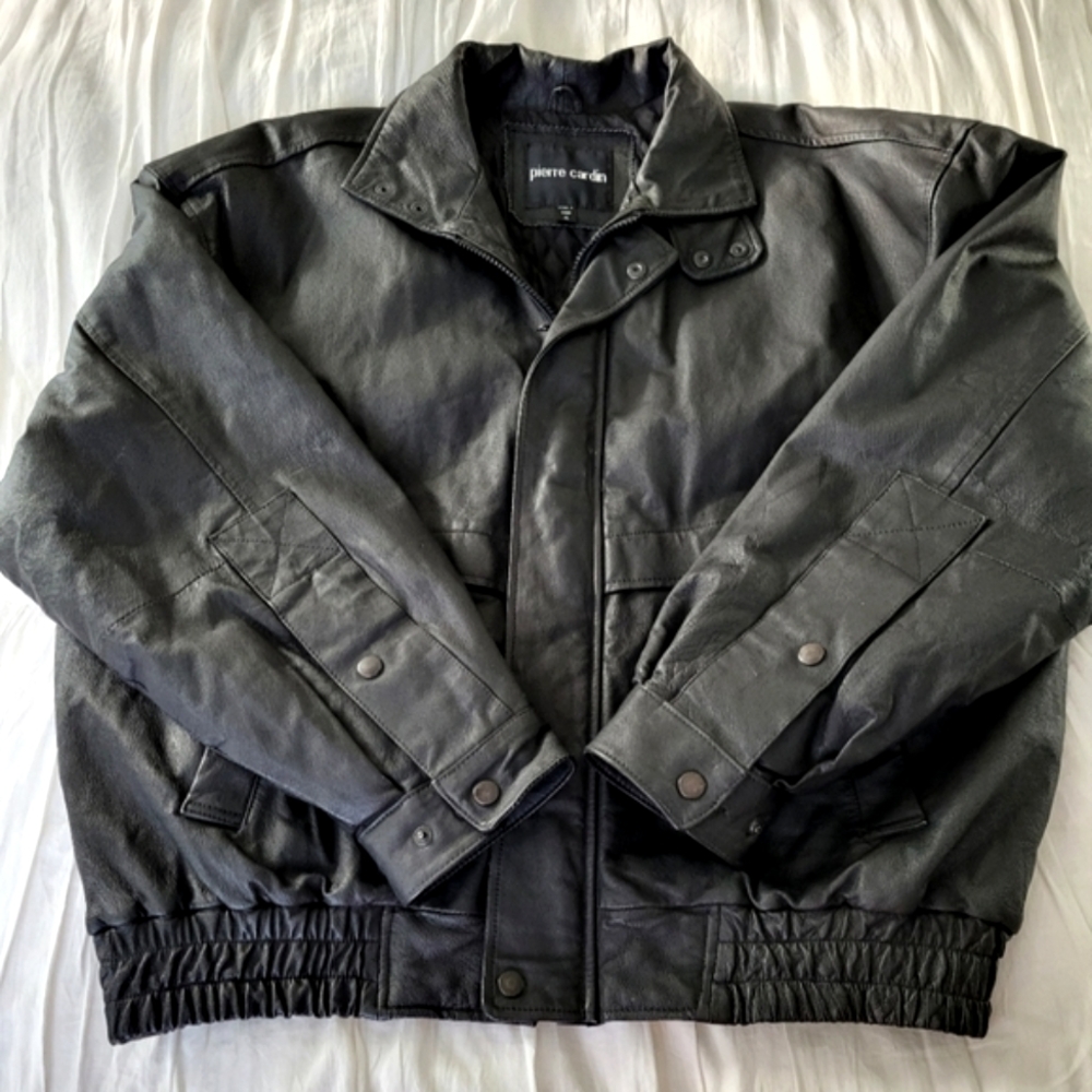 Vintage Black Leather Pierre Cardin Biker Jacket
